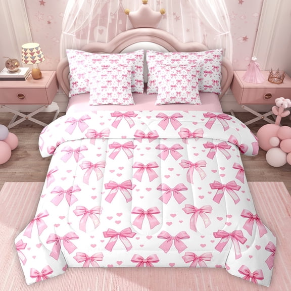 Homewish Girl Lovely Bowknot 7pcs Bedding Comforter Set,Cartoon Ribbon Bow Queen Bedding Sets,Princess Pink Loves Queen Sheet Sets For Kids,Ultra Soft Home Decor Reversible