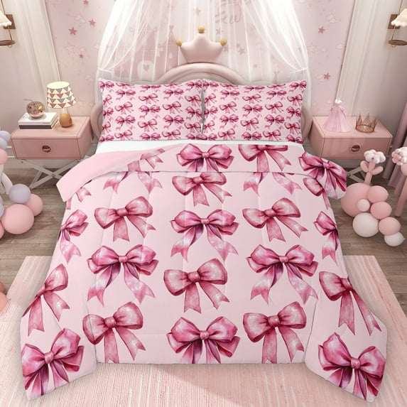 Homewish Girl Lovely Bowtie Queen Comforter Set,Cartoon Ribbon Bow Bedding Sets,Princess Pink Bedding Comforter Set For Kids,Ultra Soft Home Decor Reversible,3 Pieces