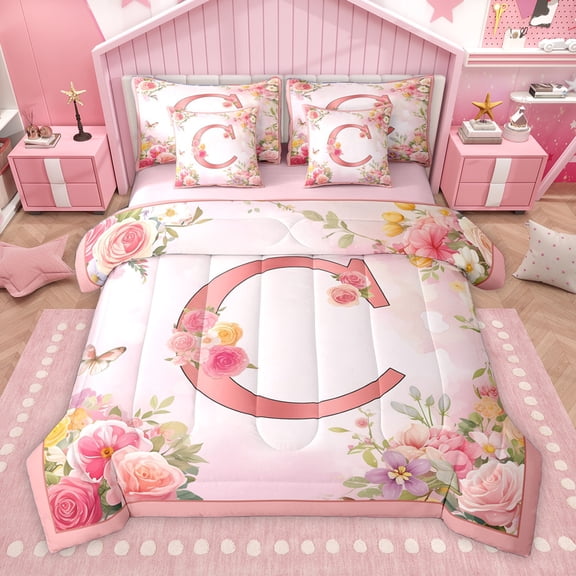 Homewish Girl Personalized Gifts 7-Piece Twin Bedding Sets,Pink Latter C Bedding Comforter Set,Rustic Flower Butterflies Sheet Sets For Girls Teens,Lightweight Room Decoration Reversible