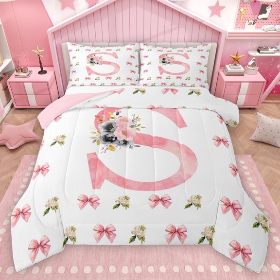Homewish Girl Personalized Gifts Bedding Comforter Set,Pink Latter S Twin Comforter Sets,Kawaii Bowtie Flower Bedding Set For Kids Teens,Lightweight Room Decoration Reversible,2pcs