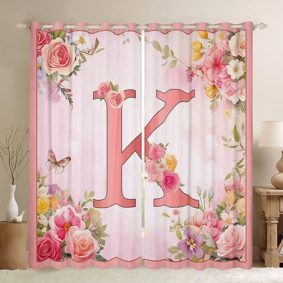 Homewish Girl Personalized Gifts Curtains Pack of 2 (42x84 Each),Pink Latter K Curtains Blackout,Rustic Flower Butterflies Bedroom Curtains For Girls Teens,Lightweight Room Decoration