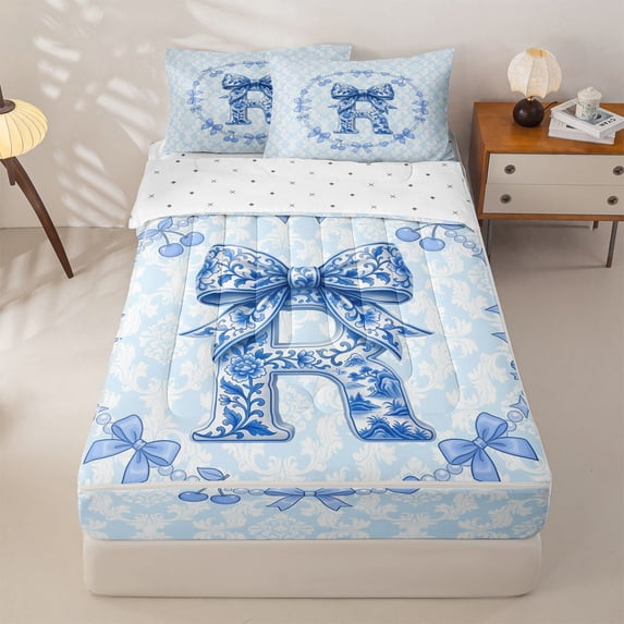 Homewish Girl Personalized Gifts Zipper Full Size Comforter Sets with Fitted Sheet and 2 Pillowcases,Rustic Bowtie Print Alphabet R Zipper Bedding Set For Kids,Reversible,4 Pieces