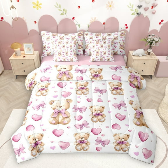 Homewish Girl Pink Bow 7-Piece Bedding Comforter Set,Brown Toy Bear King Bedding Sets,Watercolor Heart Print Bed Sheets For Girls Kids,Microfiber Bedroom Decor Reversible
