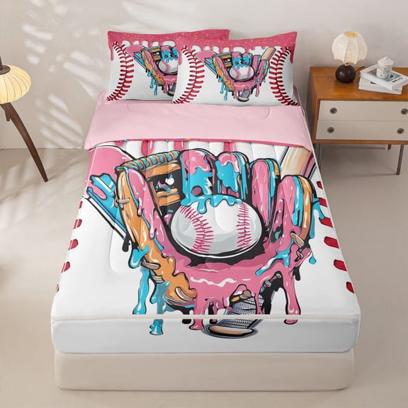 Homewish Girls Baseball Zipper Twin Comforter Sets with Fitted Sheet and 2 Pillowcases,Sports Theme Zipper Bedding Set,Pink Reversible,4 Pieces