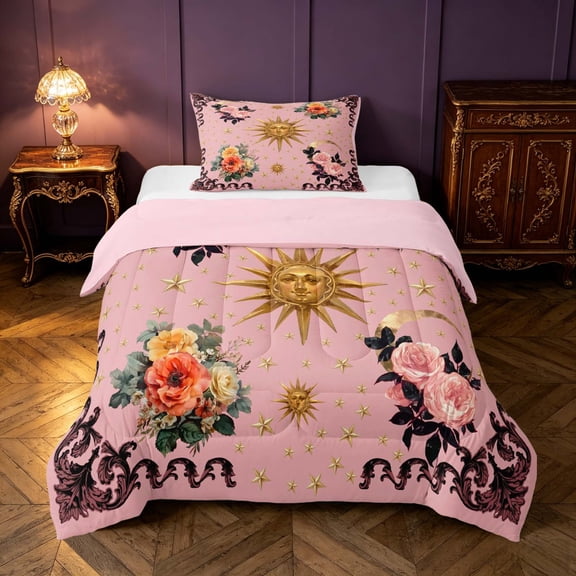 Homewish Girls Blossoms Twin Comforter Sets, Hippie Sun Stars Bedding Set, Pink, Pink Reversible 2 Pieces, 1 Comforter and 1 Pillowcase