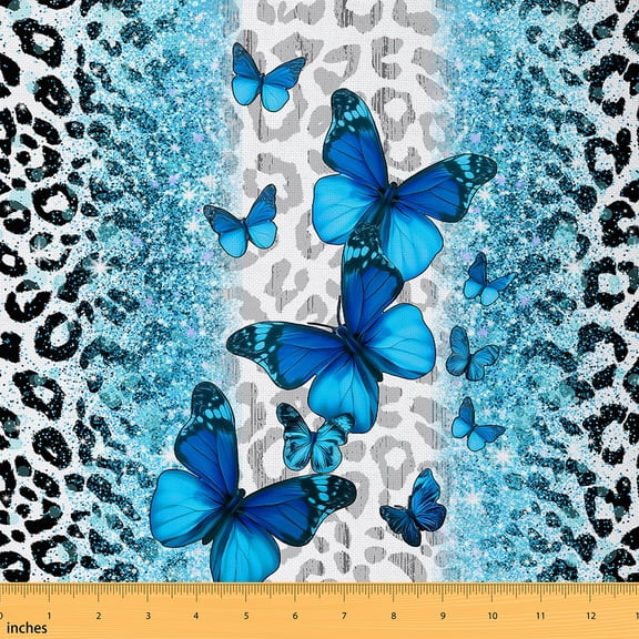 Homewish Girls Blue Butterfly Fabric by the Yard 1 Yard, Fashion Leopard Print Room Decor Fabric by the Yard, Romantic Cheetah Animal Sewing Fabric, Microfiber Bedroom Decor