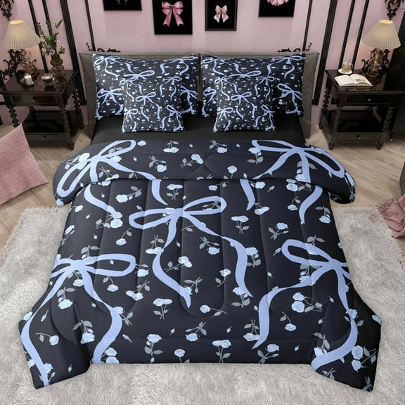Homewish Girls Bow Knot 7-Piece Twin Bedding Sets,Cartoon Rose Floral Bedding Comforter Set,Blue Black Sheet Sets For Kids,Luxury Bedroom Decor Reversible