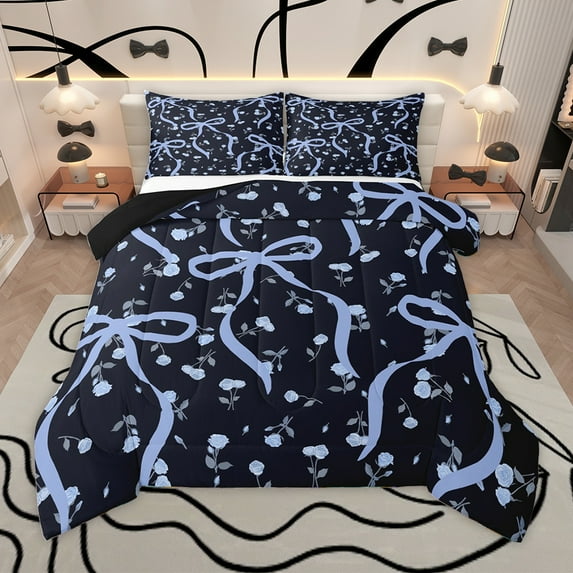 Homewish Girls Bow Knot Bedding Comforter Set,Cartoon Rose Floral Twin Comforter Sets,Blue Black Bedding Set For Kids,Luxury Bedroom Decor Reversible,2-Piece