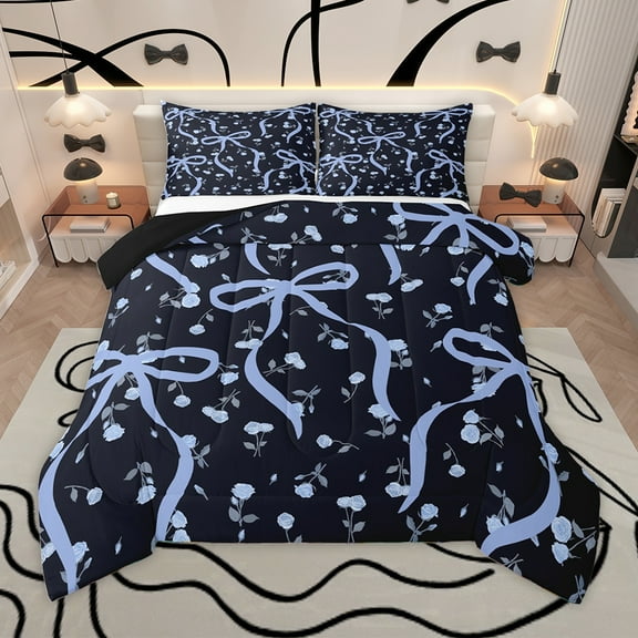 Homewish Girls Bow Knot Bedding Comforter Set,Cartoon Rose Floral Twin Comforter Sets,Blue Black Bedding Set For Kids,Luxury Bedroom Decor Reversible,2-Piece