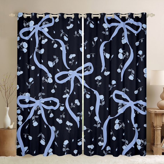 Homewish Girls Bow Knot Blackout Curtains Set of 2 (52x84 Each),Cartoon Rose Floral Window Curtains,Blue Black Curtains and Drapes For Kids,Luxury Bedroom Decor