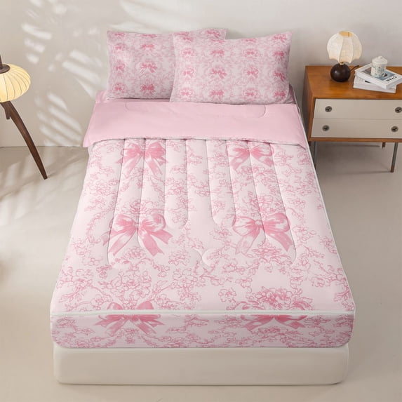 Homewish Girls Bowknot Floral Zipper Full Size Comforter Sets with Fitted Sheet and 2 Pillowcases,Girly Pink Zipper Bedding Set,Pink Reversible,4-Piece