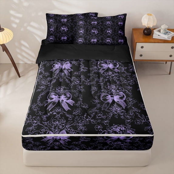 Homewish Girls Bowknot Floral Zipper Twin Comforter Sets with Fitted Sheet and 2 Pillowcases,Girly Black Purple Zipper Bedding Set,Black Reversible,4 Pieces