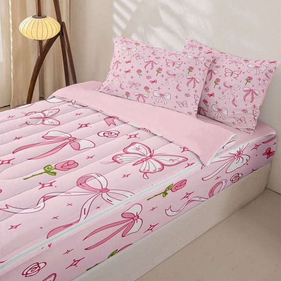 Homewish Girls Bowknot Zipper Full Size Comforter Sets with Fitted Sheet and 2 Pillowcases, Pink Spring Butterfly Floral Zipper Bedding Set, Pink Reversible, 4 Pieces