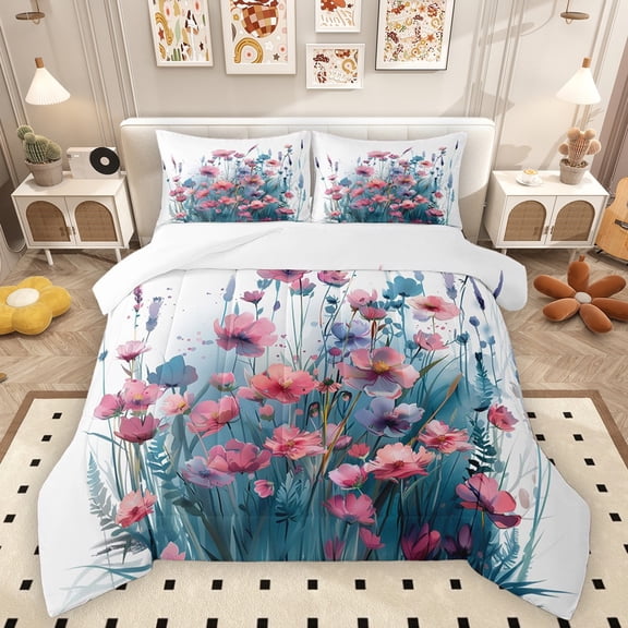 Homewish Girls Boys Chic Floral Flowers Bedding Comforter Set 2pcs,Spring Garden Twin Comforter Sets Microfiber,Pink Teal Breathable Bedding Set,Super Cozy Room Decor