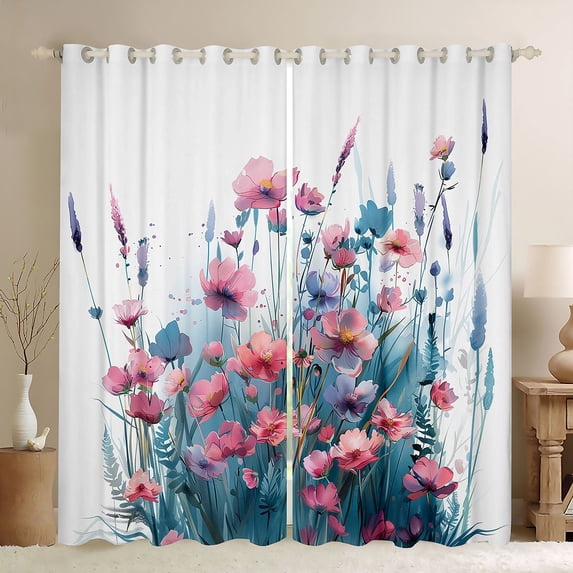 Homewish Girls Boys Chic Floral Flowers Black Out Curtains,Spring Garden Curtains Pack of 2 (42x63 Each),Pink Teal Bedroom Curtains,Super Cozy Room Decor