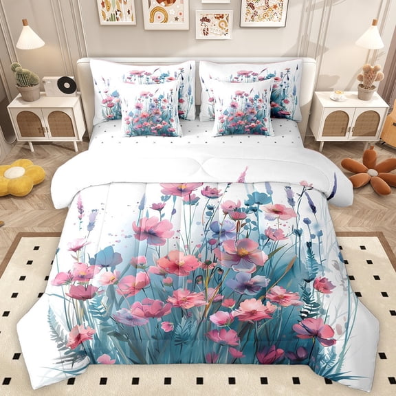 Homewish Girls Boys Chic Floral Flowers Twin Bedding Sets 7-Piece,Spring Garden Bedding Comforter Set Microfiber,Pink Teal Breathable Sheet Sets,Super Cozy Room Decor,Reversible
