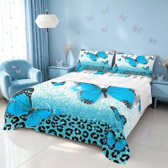 Homewish Girls Butterfly Bed Sheets, Sequin Cheetah Print Full Size Sheets, 4pcs (1 Flat Sheet, 1 Fitted Sheet and 2 Pillowcases)