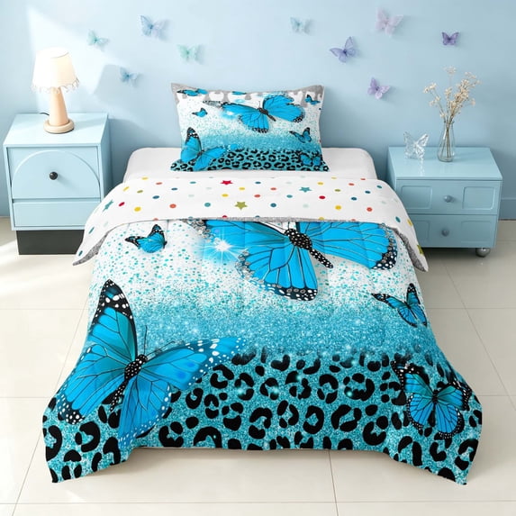 Homewish Girls Butterfly Twin Comforter Sets, Sequin Cheetah Print Bedding Set, Polka Dots Reversible, 2-Piece 1 Comforter and 1 Pillowcase