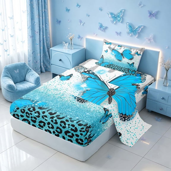 Homewish Girls Butterfly Twin Sheets, Sequin Cheetah Print Bedding, 3-Piece (1 Flat Sheet, 1 Fitted Sheet and 1 Pillowcase)