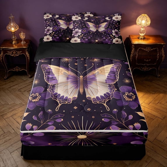 Homewish Girls Butterfly Zipper Queen Comforter Set with Fitted Sheet and 2 Pillowcases, Chic Floral Leaf Zipper Bedding Set, Black Reversible