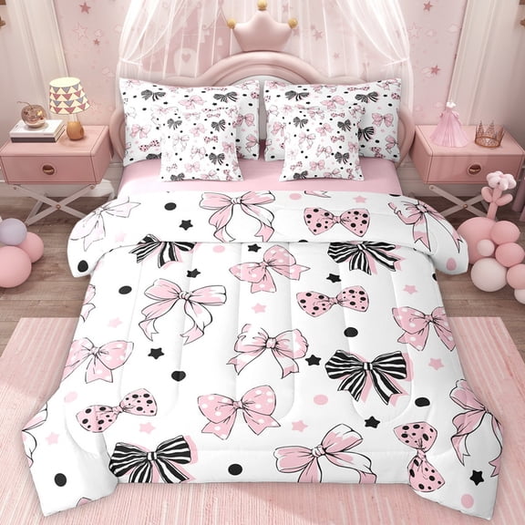 Homewish Girls Cartoon Bowknot Twin Bedding Sets 7-Piece,Polka Dots Stripes Bedding Comforter Set Microfiber,Stars Print Breathable Sheet Sets,Luxury Bedroom Decor,Reversible
