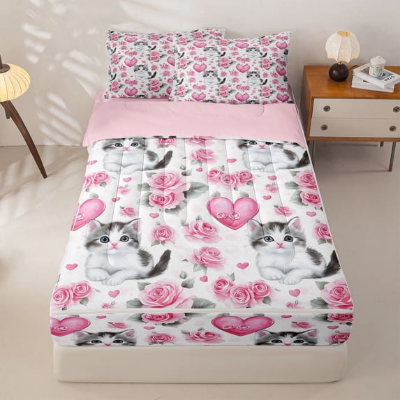 Homewish Girls Cat Kitten Zipper Twin Comforter Sets with Fitted Sheet and 2 Pillowcases, Valentines Day Rose Zipper Bedding Set, Pink Reversible, 4 Pieces