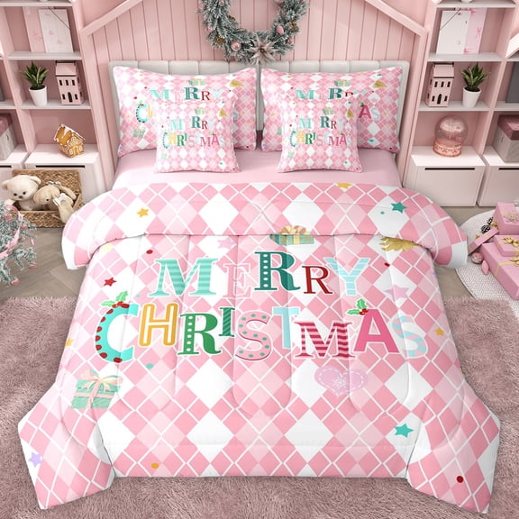 Homewish Girls Christmas Gifts 7-Piece Bedding Comforter Set,Merry Xmas King Bedding Sets,Pink White Rhombus Bed Sheets For Girl,Microfiber Bedroom Decor Reversible
