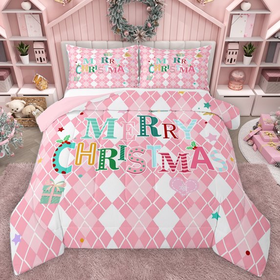 Homewish Girls Christmas Gifts Queen Comforter Set,Merry Xmas Bedding Sets,Pink White Rhombus Bedding Comforter Set For Girl,Microfiber Bedroom Decor Reversible,3pcs