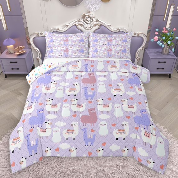 Homewish Girls Cute Alpaca 3 Pieces Queen Comforter Set,Cartoon Animal Ultra Soft Bedding Sets,Geometric Plaid Bedding Comforter Set,Love Heart Home Decor,Reversible