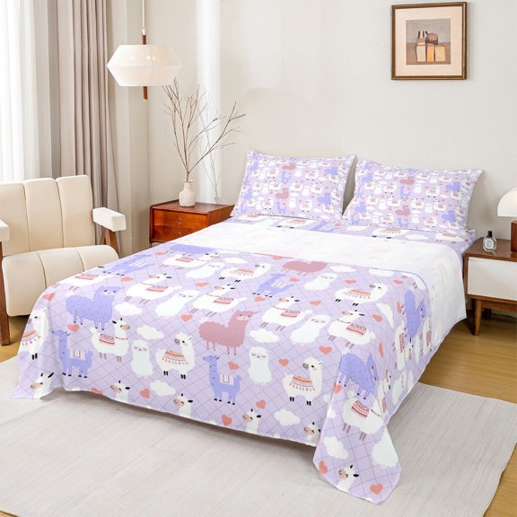 Homewish Girls Cute Alpaca 3pcs Twin Sheet Sets,Cartoon Animal Twin Fitted Sheet,Geometric Plaid Breathable Flat Sheet,Love Heart Home Decor