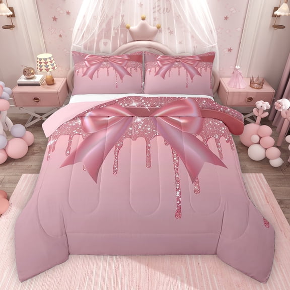 Homewish Girls Female Cartoon Ribbon Bow Bedding Comforter Set 2pcs,Splash Bling Glitter Twin Comforter Sets Microfiber,Dreamy Princess Bow Knot Breathable Bedding Set,Breathable Home Decor