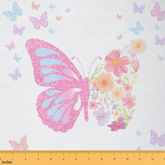 Homewish Girls Glitter Butterfly Fabric by the Yard 1 Yard, Pink Romantic Animal Room Decor Fabric by the Yard, Kawaii Princess Style Sewing Fabric, Microfiber Bedroom Decor