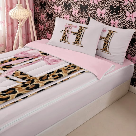 Homewish Girls Initial H Leopard Print Zipper Twin Comforter Sets with Fitted Sheet and 2 Pillowcases,Teens Kawaii Ribbon Bowknot Zipper Bedding Set,4-Piece,Pink Reversible