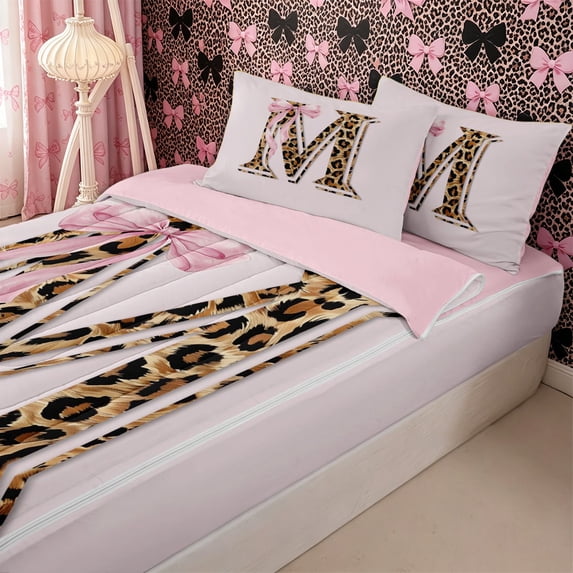 Homewish Girls Initial M Leopard Print Zipper Twin Comforter Sets with Fitted Sheet and 2 Pillowcases,Teens Kawaii Ribbon Bowknot Zipper Bedding Set,4-Piece,Pink Reversible