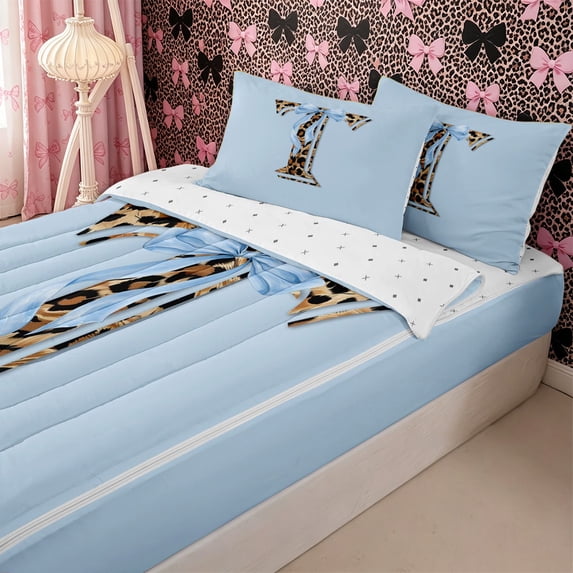 Homewish Girls Initial T Leopard Print Zipper Twin Comforter Sets with Fitted Sheet and 2 Pillowcases,Teens Kawaii Ribbon Bowknot Zipper Bedding Set,4-Piece