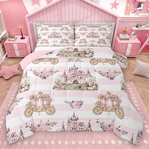 Homewish Girls Kids Cartoon Castle Bedding Comforter Set 2pcs,Pink Geometric Stripes Twin Comforter Sets Microfiber,Dreamy Princess Roses Breathable Bedding Set,Microfiber Bedroom Decor,Reversible