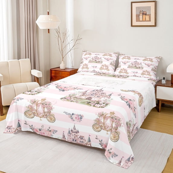 Homewish Girls Kids Cartoon Castle Twin Sheet Sets 3pcs,Pink Geometric Stripes Twin Fitted Sheet Microfiber,Dreamy Princess Roses Breathable Flat Sheet,Microfiber Bedroom Decor