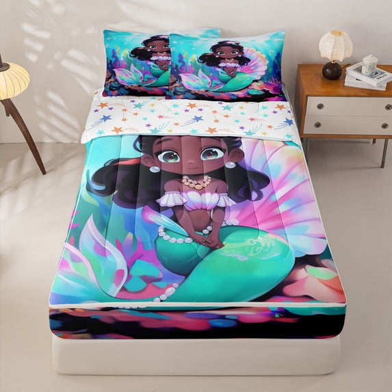 Homewish Girls Mermaid Zipper Twin Comforter Sets with Fitted Sheet and 2 Pillowcases,Sea Ocean Princess Zipper Bedding Set,Colorful Stars Reversible,4-Piece