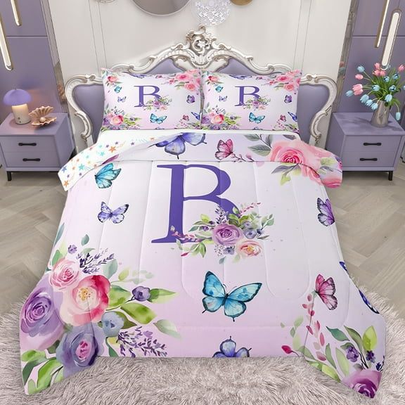Homewish Girls Monogrammed B Full Size Comforter Sets, Romantic Garden Rose Flower Bedding Comforter Set, Cartoon Butterfly Animal Reversible Bedding Sets, Microfiber Bedroom Decor, 3-Piece