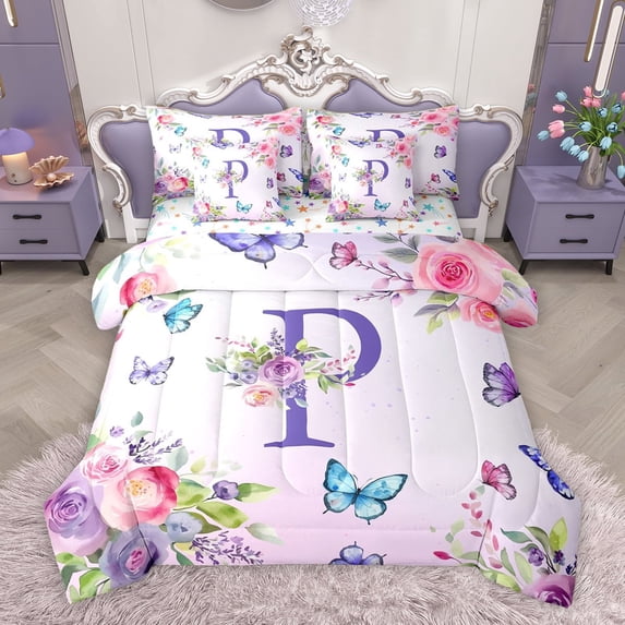 Homewish Girls Monogrammed P Twin Bedding Sets 7-Piece, Romantic Garden Rose Flower Bedding Comforter Set, Cartoon Butterfly Animal Reversible Sheet Sets, Ultra Soft Bedroom Decor