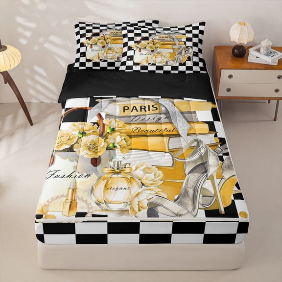 Homewish Girls Perfume Lipstick Zipper Twin Comforter Sets with Fitted Sheet and 2 Pillowcases,Floral High Heels Zipper Bedding Set,Yellow,Black Reversible,4pcs