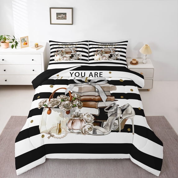 Homewish Girls Perfume Print Queen Comforter Set,High Heels Lipstick Comforter Sets Queen,Gray,Black Reversible,3pcs,1 Comforter and 2 Pillowcases