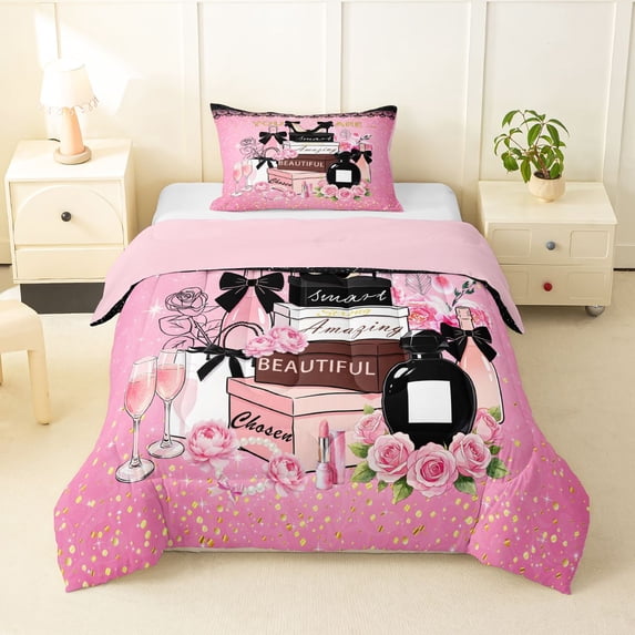 Homewish Girls Perfume Print Twin Comforter Sets,Bowknot Flowers Bedding Set,Pink Black,Pink Reversible,2pcs,1 Comforter and 1 Pillowcase