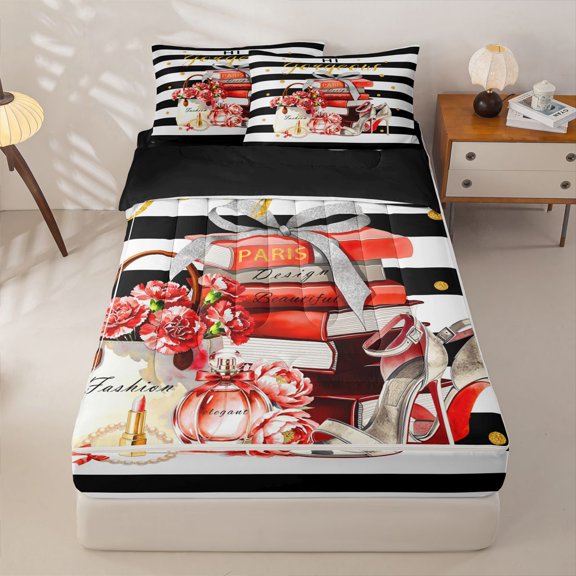 Homewish Girls Perfume Print Zipper Twin Comforter Sets with Fitted Sheet and 2 Pillowcases,Lipstick High Heels Zipper Bedding Set,Red,Black Reversible,4pcs