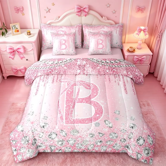 Homewish Girls Personalized Gifts 7-Piece Twin Bedding Sets,Pink Letter B Bedding Comforter Set,Brauty Diamond Sheet Sets For Princess,Lightweight Room Decoration Reversible