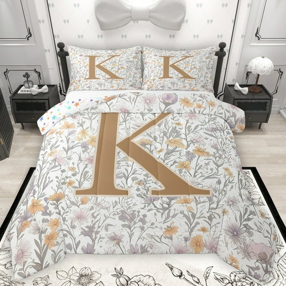 Homewish Girls Personalized Gifts Bedding Comforter Set,Gold Letter K Twin Comforter Sets,Orange Purple Floral Bedding Set For Princess,Lightweight Room Decoration Reversible,2-Piece