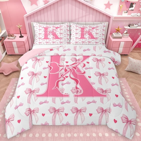 Homewish Girls Personalized Gifts Bedding Comforter Set,Pink Letter K Twin Comforter Sets,Ribbon Bowtie Bowknot Bedding Set For Princess,Lightweight Room Decoration Reversible,2pcs