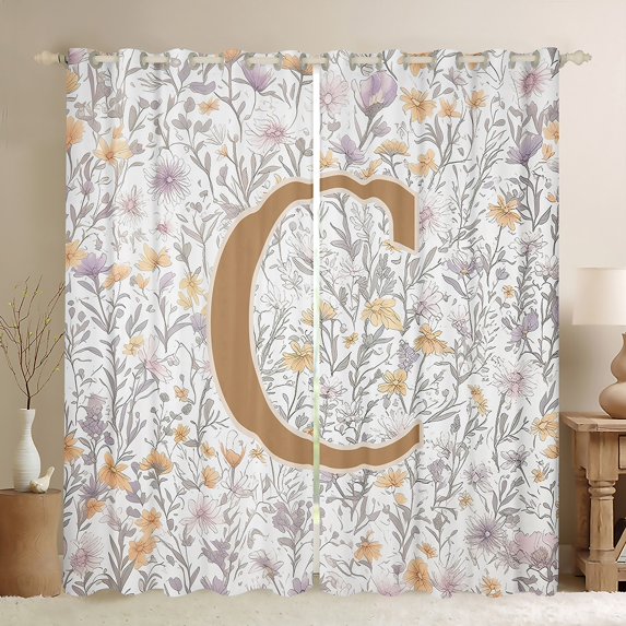 Homewish Girls Personalized Gifts Blackout Curtains Set of 2 (52x84 Each),Gold Letter C Window Curtains,Orange Purple Floral Curtains and Drapes For Princess,Lightweight Room Decoration