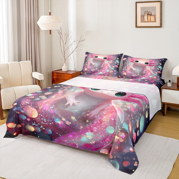 Homewish Girls Pink Axolotl 3pcs Twin Sheet Sets,Cartoon Animal Twin Fitted Sheet,Bling Gradient Glitter Breathable Flat Sheet,Ultra Soft Home Decor