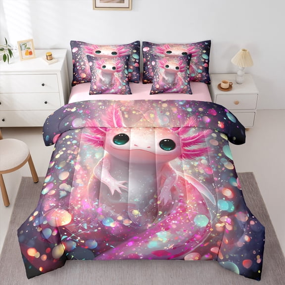 Homewish Girls Pink Axolotl 7-Piece Bedding Comforter Set,Cartoon Animal King Bedding Sets,Bling Gradient Glitter Ultra Soft Bed Sheets,Ultra Soft Home Decor,Reversible